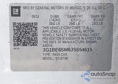 2018 Chevrolet Cruze Lt from USA, damaged, VIN 3G1BE6SM6JS654615